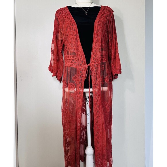 Vivid Collection Open Cardigan SZ M Red Crochet Lace Short Sleeve Top Boho Fall - Picture 8 of 15